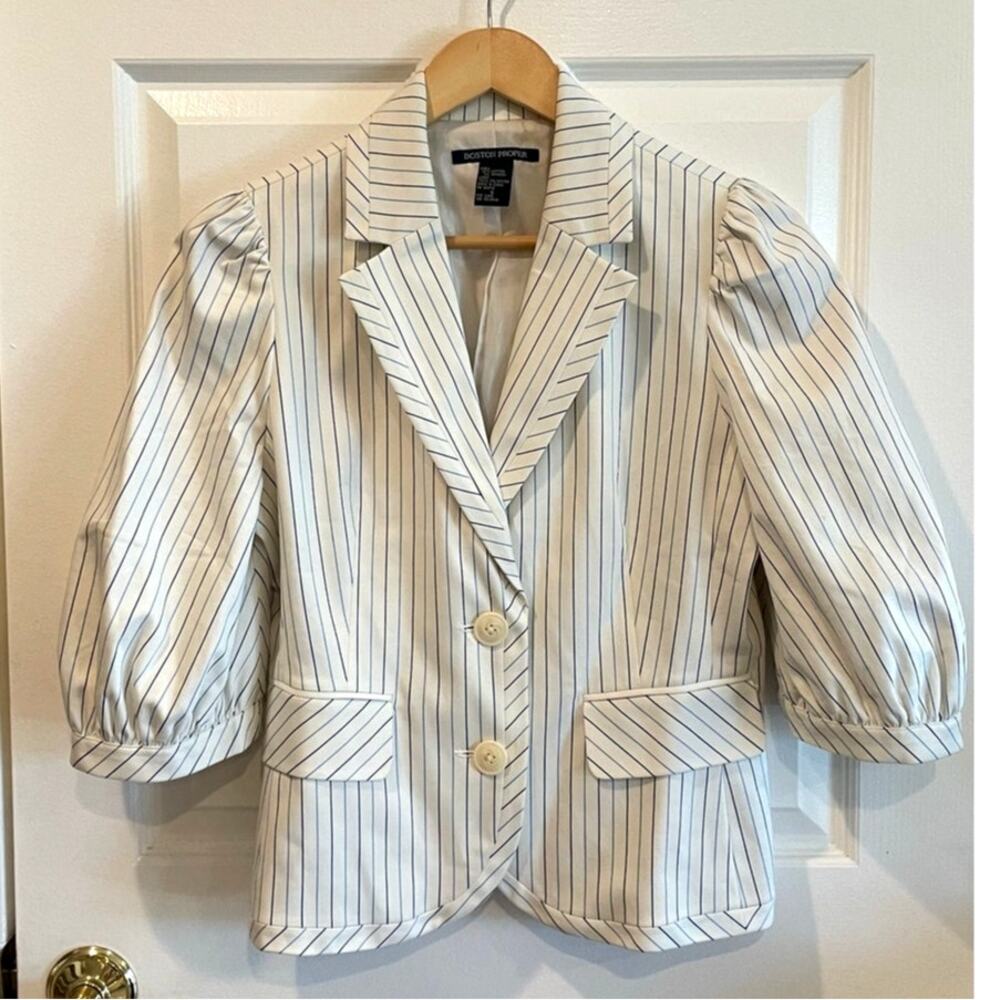 Boston Proper Blue Pinstripe Puff-Sleeve White Cotton Blazer Jacket Size 6